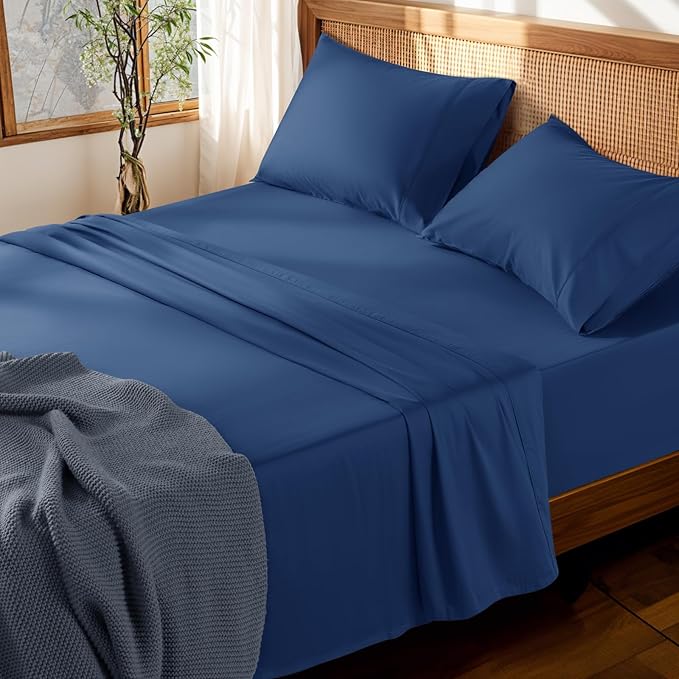 LBRO2M 100% Cotton Sheets Set Deep Pocket 19", 1000 Thread Count Queen Size 4 Piece Bed Sheet Sets Soft Comfortable Bedding All Season (Queen, Navy Blue)