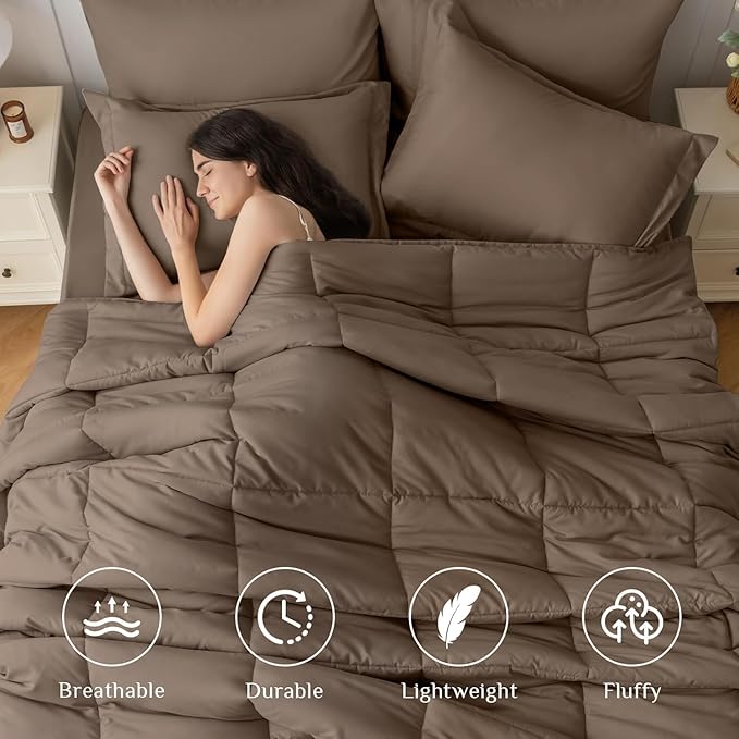 JOLLYVOGUE King Comforter Set, Ultra-Soft Bed in a Bag King Size 7 Pieces, Oeko-TEX Certified Bedding Set with Down Alternative Comforter, Sheets, Pillowcases & Shams, Brown