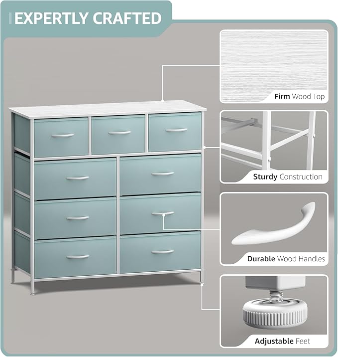 Sorbus Kids Dresser with 9 Drawers - Furniture Storage Chest Tower Unit for Bedroom, Hallway, Closet, Office Organization - Steel Frame, Wood Top, Fabric Bins (Aqua, Solid)