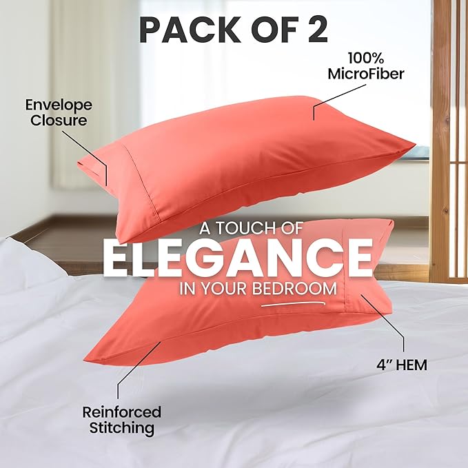 Pillow Covers by Utopia Bedding - Queen Size 2-Pack – Soft Brushed Microfiber – Perfect for Hospitals, Hotels, Guest Rooms – Oeko-TEX Certified, 20x30 Inches (Coral)