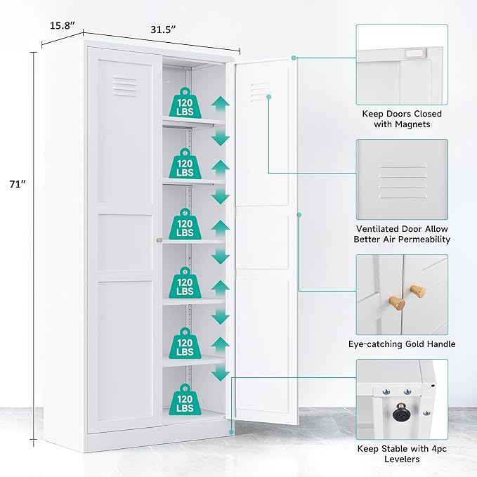 SISESOL 71" Tall Pantry Cabinet with 2 Doors and 6 Shelves,Kitchen Pantry Storage Cabinets,White Metal Storage Cabinet,Wide Deep Food Cupboard for Home,Kitchen,Dining/Living Room