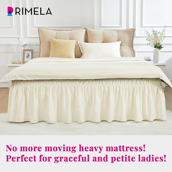 RIMELA Off White Bed Skirt Queen Size 15 Inch Drop, Elastic Bed Skirting for Bed Base and Frame, Bedding Dust Ruffle Easy to Install, Lightweight Wrap Around Adjustable Bedskirt