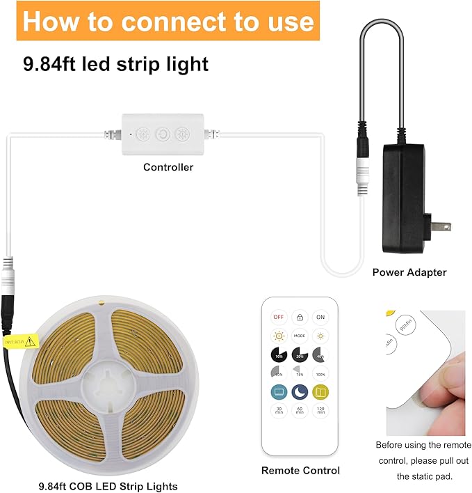 COB LED Strip Lights with Remote, 24V 9.84ft White Dimmable LED Light Strips, High Bright 6000K LED Lights with Power Supply for Room, Kitchen, DIY Home Decoration