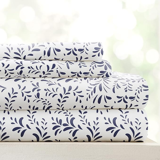 Linen Market 4 Piece King Sheet Set - Breathable, Double-Brushed Patterned Cooling Sheets – Oeko-TEX Certified Ultra Soft & Wrinkle-Free 16" Deep-Pocket King Sheets - Easy Care Burst of Vines Navy
