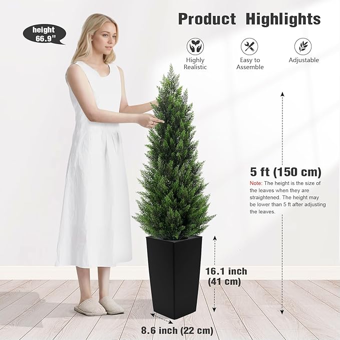 5FT Tall 2 Set Artificial Topiary Cedar Tree, Indoor Realistic Faux Cypress Plants with Square Flowerpot, Outdoor Evergreen Fake Shrubs for Home Living Room Front Porch Decor