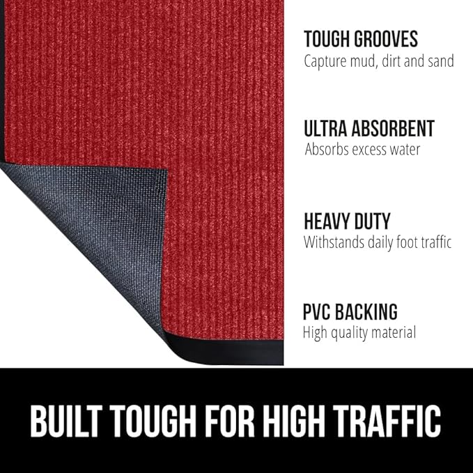 GORILLA GRIP Waterproof Traffic Guard Door Mat, 72x48, Heavy Duty Entryway Mats, Strong Rubber Back Commercial Utility Rugs for Office Hallway, Garage Floor and Home, Low Profile Carpet Runner, Red