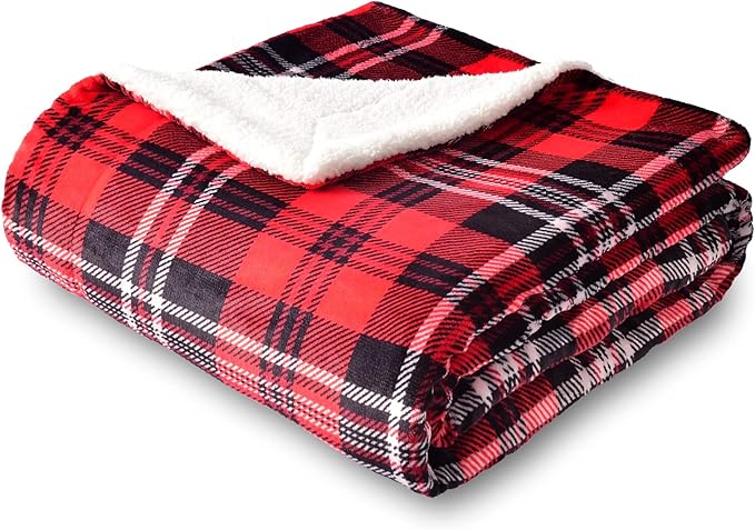 SOCHOW Sherpa Plaid Fleece Throw Blanket, Double-Sided Super Soft Luxurious Bedding Blanket 90 x 90 inches, Red/Grey