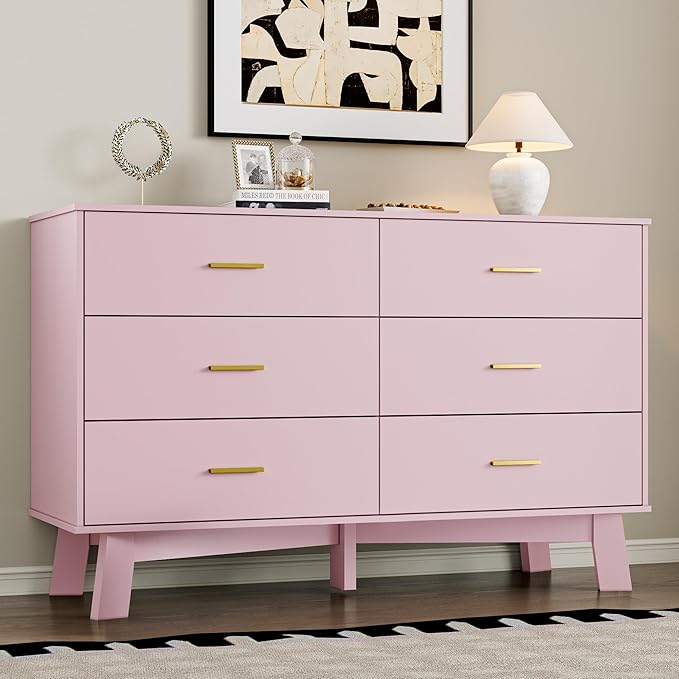 Dresser for Bedroom with 6-Drawer, 47.2" Modern Chest of Drawers with Metal Handles, X-Shape Base & Adjustable Center Leg, Anti-Tip Closet Organizers and Storage