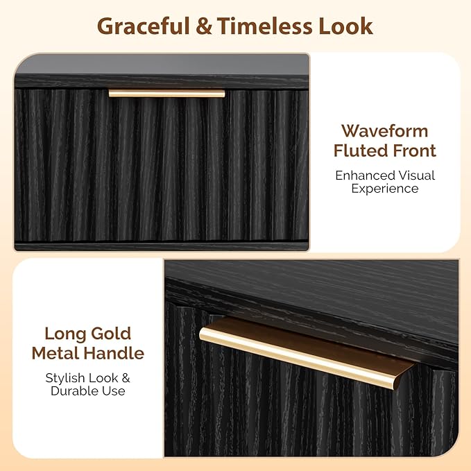 VINGLI Night Stand, Fluted Nightstand Wood, Mid Century Modern Nightstand for Bedroom, Bedside Table, Wood Side Table, Small Night Stand Black, 15.75" W*11.81" D*21.85" H