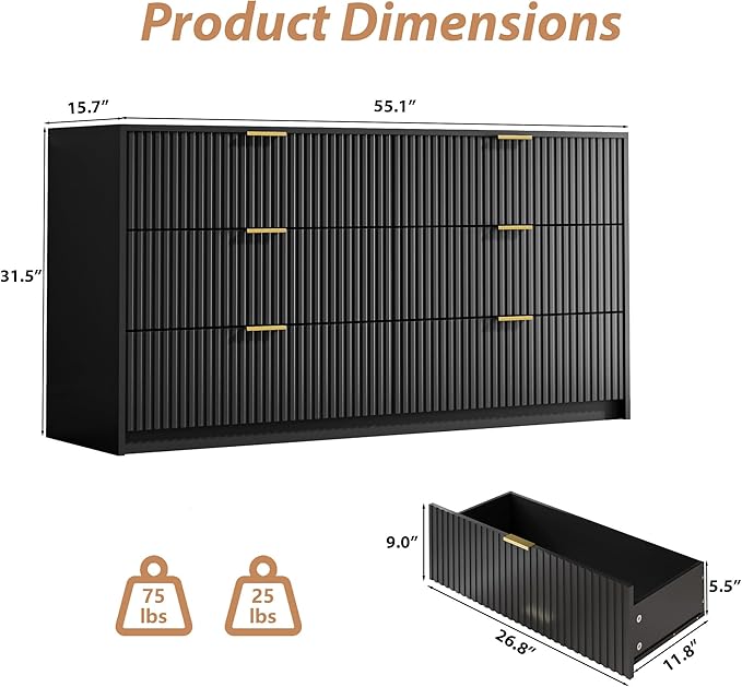 Black 6 Drawer Dresser for Bedroom, 55" Wide Modern Chest of Drawers with Gold Metal Handles, Fluted Wood TV Stand for Living Room, Hallway