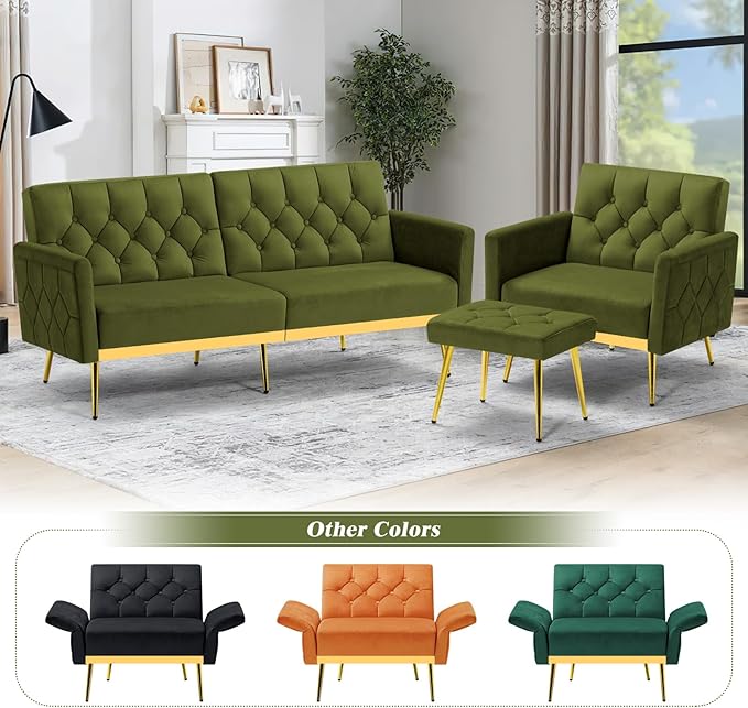 Velvet Accent Chair w/Adjustable Armrests and Backrests, Tufted Single Sofa with Ottoman, Upholstered Reading Chiar for Living Room, Apartment, Bedroom, Olive Green