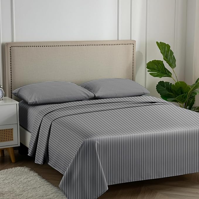 Carressa Linen Luxury Egyptian Cotton Queen Stripe Sheet Set, 600 Thread Count Extra Long Staple 4 PC Set, Queen Damask Sheets, Soft, Cooling Sateen Weave Sheets Upto 18" Deep Pocket - Dark Grey