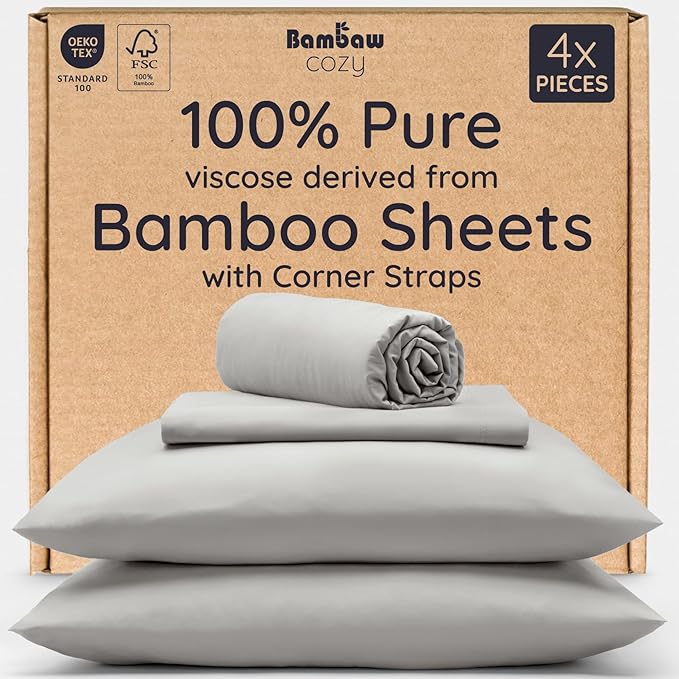 Bambaw California King Sheet Set 4pcs – 100% Viscose Derived from Bamboo Deep Pocket Sheets, Fits Up to 16'' Mattresses, Cooling Bed Sheets California King, Soft Bedsheets (Moonlight Gray)