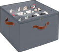 Shoe Organizer for Closet, Foldable Shoe Storage Box with Clear Top Lid, 3 Leather Handles, Adjustable Dividers, Fits 8-16 Pairs, Stackable Shoe Bin for Bedroom (Gray, 1 PCS/16.9*11.8*1.57 inch)