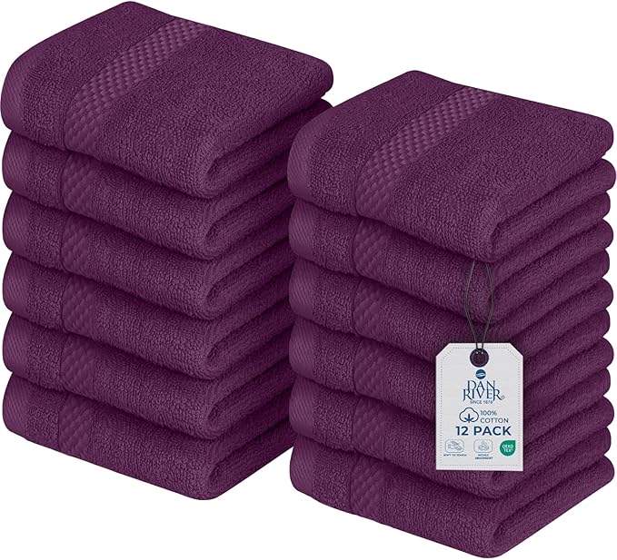 DAN RIVER 12-Pack Premium 100% Cotton Purple Passion Face Towels – Reusable Face Towel Set, Soft & Absorbent Rags for Bathroom & Body – Hand and Face Towels, 550 GSM (12x12 in)