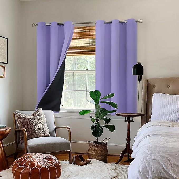 BGment Thermal Insulated 100% Blackout Curtains for Bedroom with Black Liner, Double Layer Full Room Darkening Noise Reducing Grommet Curtain (42 x 45 Inch, Lavender, 2 Panels)