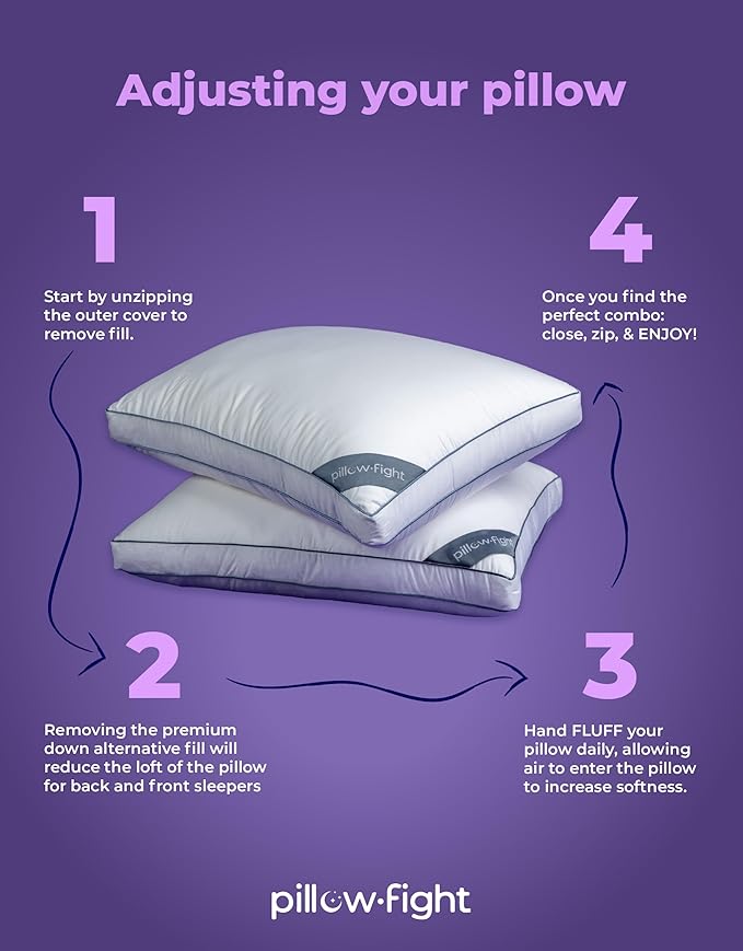 Pillow Fight Knockout - King Pillow, Luxury & Adjustable, Down Alternative, Bed and Neck Pillow, Cooling for, Back Support, Stomach, and Side Sleepers (King Size, Single)