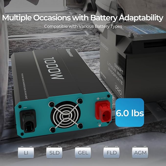 Renogy Inverter P2 1000 watt Pure Sine Wave Inverter, Solar Car Power Inverter 12V to 120V AC Converter for RV, Truck, Camping, Home Backup, Outdoor, Emergency, Off-Grid Living, 16.4FT Remote Control