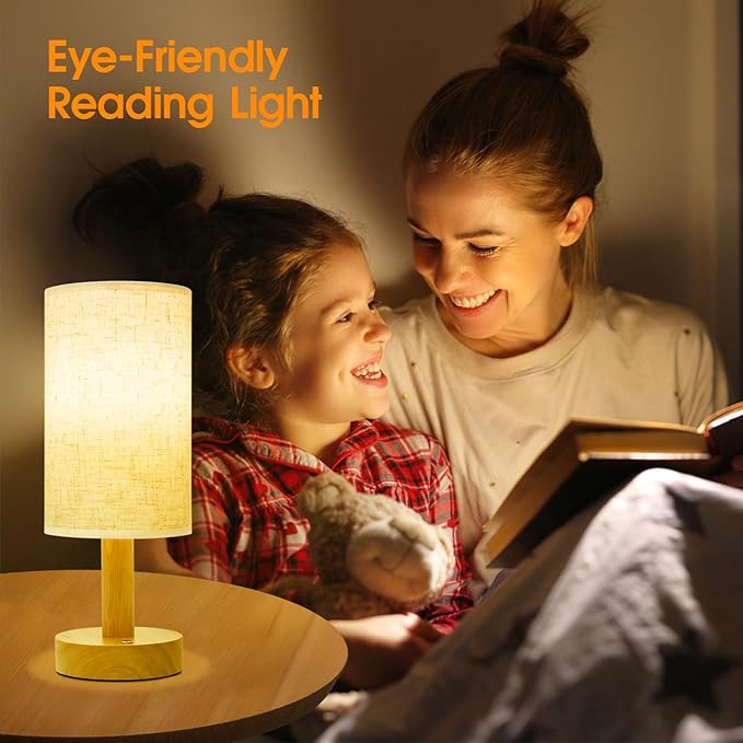 Small Cordless Touch Bedside Table Lamps Set of 2,Minimalist Dimmable Battery-Powered Desk Lamps with Round Fabric Linen Shade,Mini Nightstand Warm Night Lights for Bedroom,Home,Living Room,Office