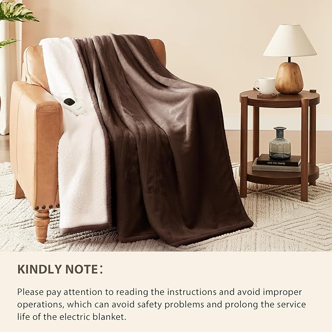 Homemate Heated Blanket Electric Throw - 50"x60" Heating Blanket Throw 1/2/4/6/8 Hours Auto-Off 10 Heat Level Over-Heat Protection Flannel Sherpa ETL Certification