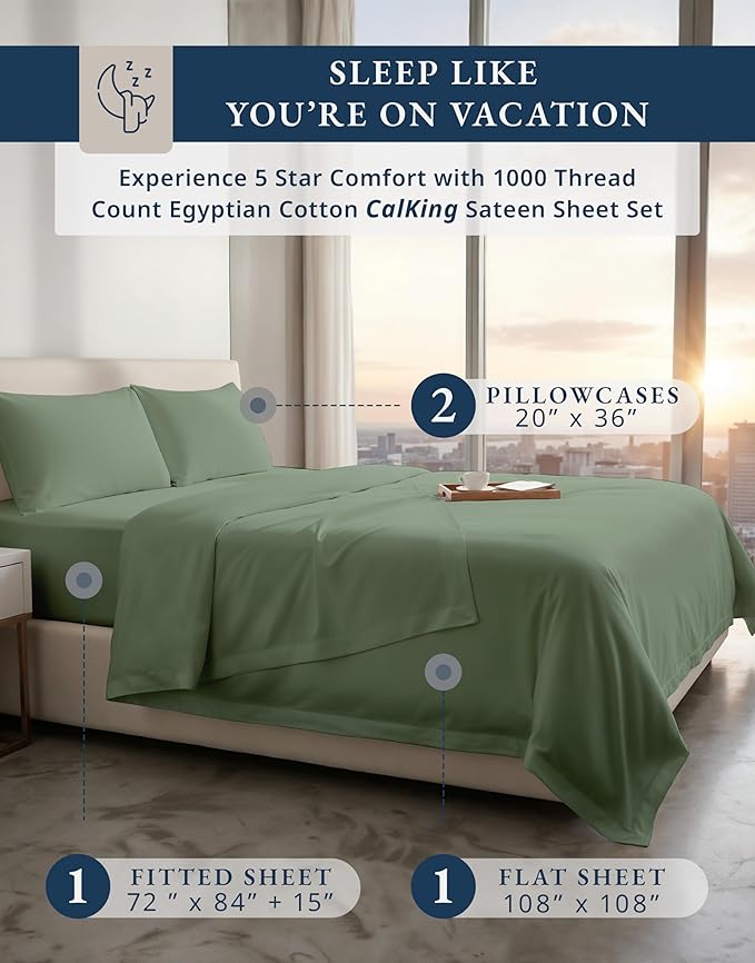 LANE LINEN 100% Egyptian Cotton Bed Sheets - 1000 Thread Count, Cal King 4-Piece Set, Long Staple Cotton, Luxury Hotel Quality, Fits Up to 15" Mattress - Iceberg Green