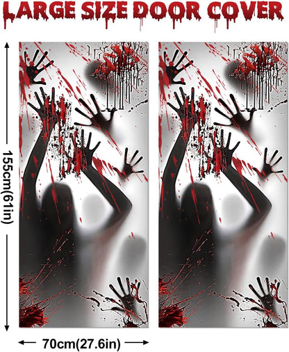 Wohohoho 11 Sheets/202 Pcs Bloody Halloween Decorations Set. 2 Giant Spooky Door Cover, 6 Sheets Horror Window Clings, 3 Sheets Scary Floor Stickers, Halloween Party Wall Decal Bedroom Inside Decor