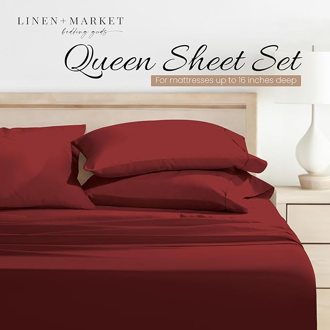 Linen Market Brushed Microfiber Queen Sheet Set 4 Piece – Oeko-TEX Certified Ultra Soft & Wrinkle-Free - 16" Deep Pocket Sheets - Easy Care Queen Size - Burgundy