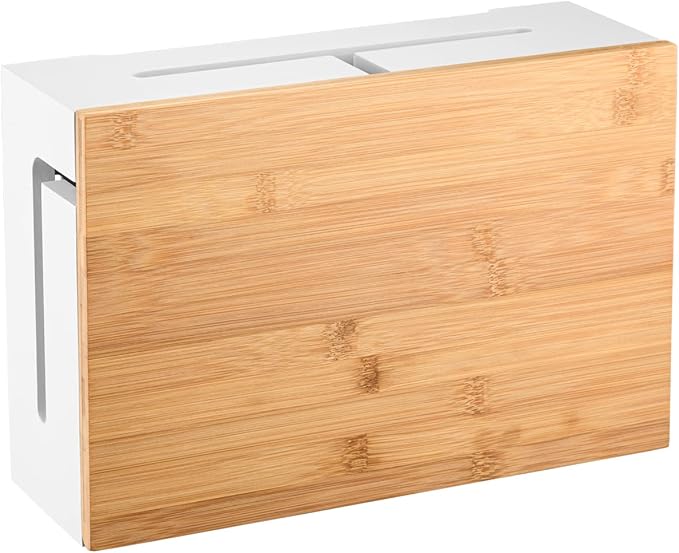 Bamboo Cable Management Box with Magnetic Lid - 12,6x7,9x4.3 in - Durable Cable Organizer to Hide Cords & Power Strip - Wall Mountable - Including Hardware - for Home, Office, Desk & More (White)