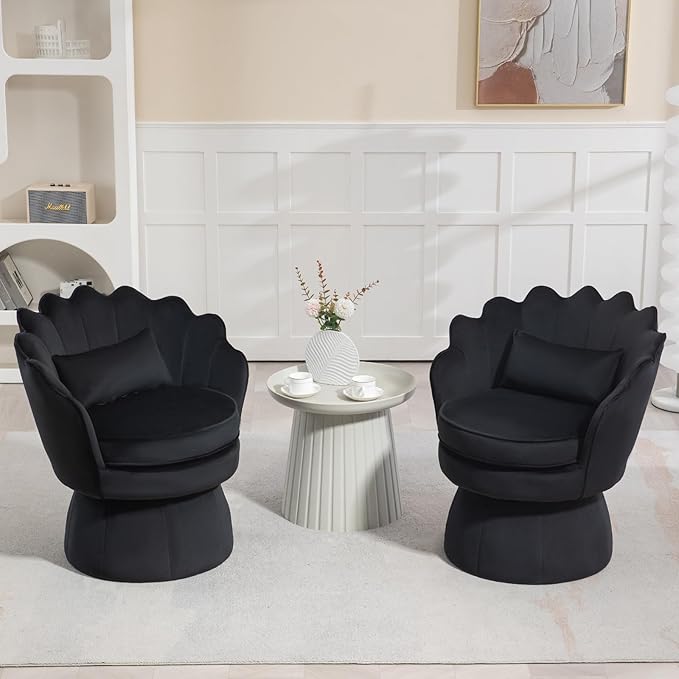 360° Swivel Accent Chairs Set of 2, Mid-Century Modern Velvet Barrel Chair, Comfy Shell Shape Arm Chair with Lumbar Pillow for Living Room, Bedroom, Office, Black
