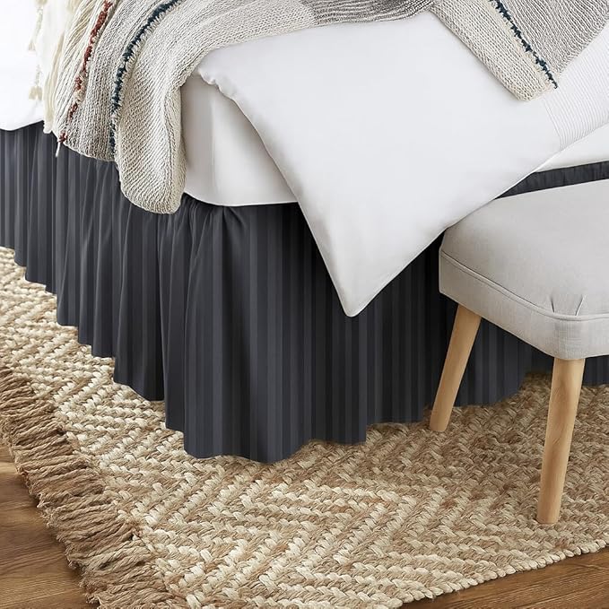 KRISHNA Ruffled Bed Skirt with Split Corners Queen, 100% Microfiber Hotel Quality, 18 Inch Drop Dust Ruffle Gathered Bedskirt with Platform, 60" x 80", Dark Grey Stripe