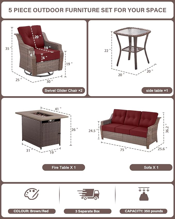 Belord Luxury Wicker Patio Furniture Set with 41” Fire Pit Table - Swivel Rocker Glider Outdoor Chairs with Sofa and Glass Top Side Table, All-Weather Removable 6" Red Seat Cushion for Patio Evenings