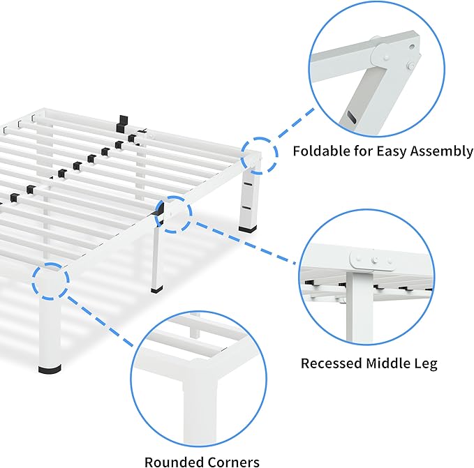 12 Inch White King Size Bed Frame, 3500Lbs Heavy Duty Metal Platform with Round Corner Legs Mattress Slide Stopper, Steel Slat Support No Box Spring Needed, Noise Free, Non-Slip, Easy Assembly