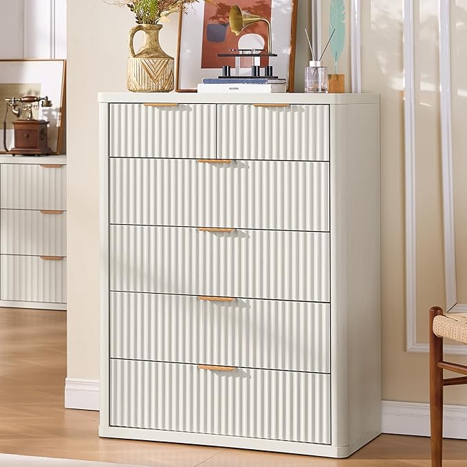LEYAOYAO Fluted 6 Drawers Dresser for Bedroom, 42" Tall Modern Chest of Drawers with Metal Handle, Curved Profile Design,White Wood Drawer Organizer for Bedroom, Living Room, Hallway, Entryway