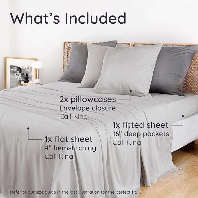 Bambaw California King Sheet Set 4pcs – 100% Viscose Derived from Bamboo Deep Pocket Sheets, Fits Up to 16'' Mattresses, Cooling Bed Sheets California King, Soft Bedsheets (Moonlight Gray)
