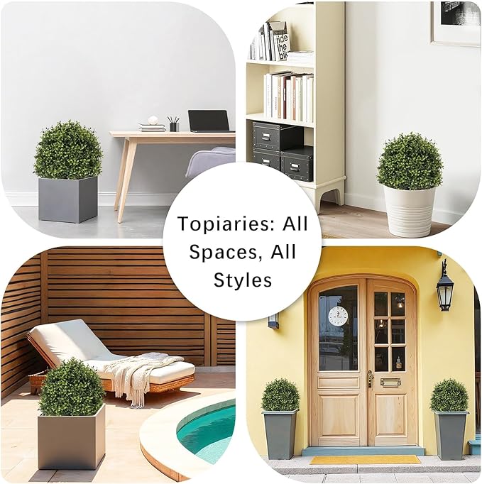 27“ Realistic Artificial Boxwood Topiary Trees Set of 2, Faux Plants Outdoor UV-Resistant, Fake Evergreen Bushes & Shrubs for Front Porch Outside Planter Decor