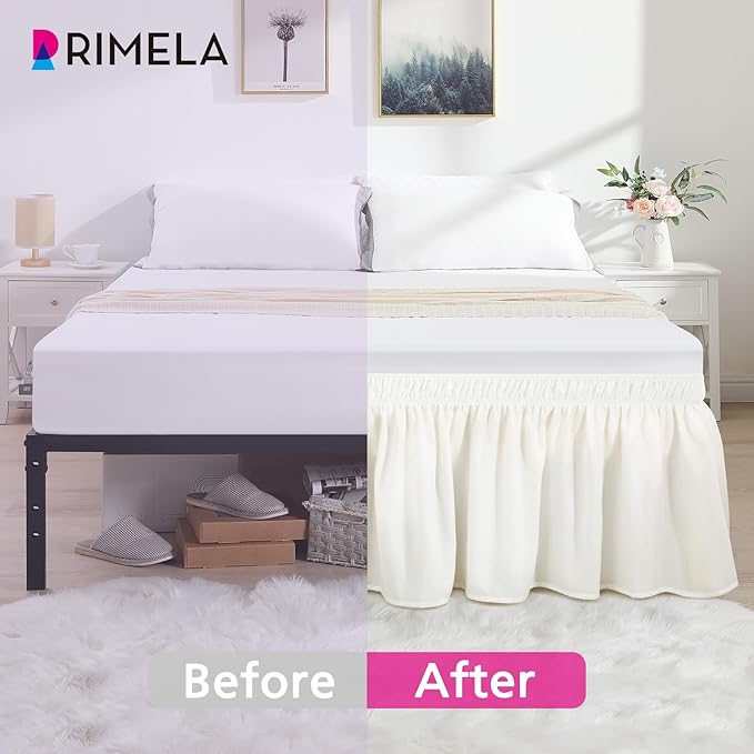RIMELA Warm White Bed Skirt Queen 25 Inch Drop, Elastic Bed Skirts Queen Size Dust Ruffle, Bedskirt for Adjustable Bed Base, Wrinkle & Fade Resistant Silky Luxurious Fabric Easy to Install