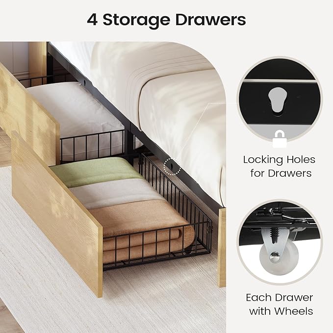 AOGLLATI Twin Bed Frame with 4 Storage Drawers and Natural Rattan 2-Tier Bookcase Hidden Headboard, Boho Led Twin Bed Frame with Charging Station, No Box Spring Needed, Wood