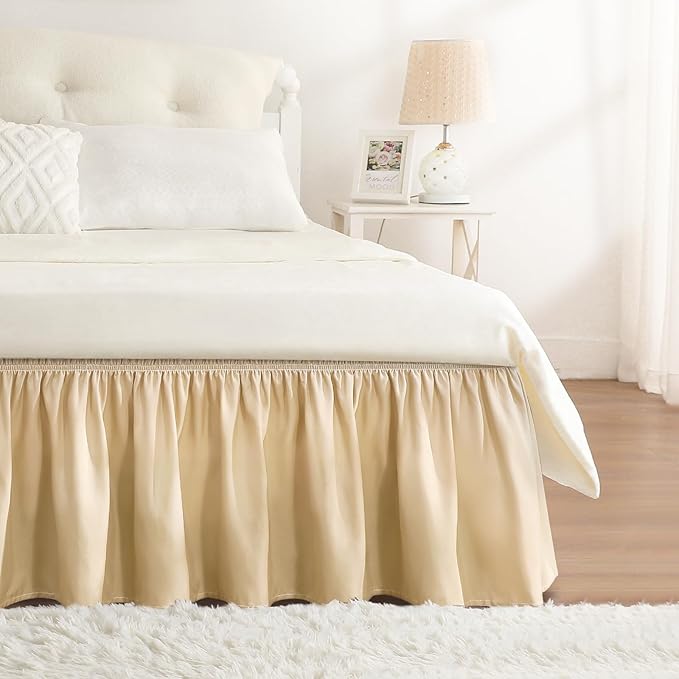 RIMELA Beige Bed Skirt Queen Size 18 Inch Drop, Wrap Around Elastic Bedskirt, Dust Ruffle for Adjustable Bed Base Machine Washable Easy to Install Bed Skirts
