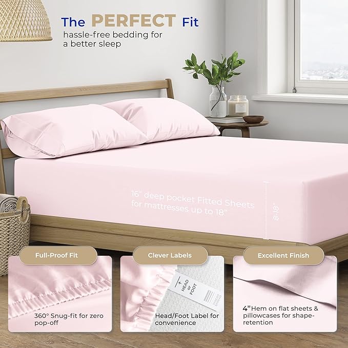 THREAD SPREAD 100% Cotton Sheets King Size - 400 Thread Count King Size Sheets Set (4 PC, Blush), 16" Deep Pocket All Around Elastic, Soft, Cooling, Durable & Breathable Sateen Weave Bed Sheet Set