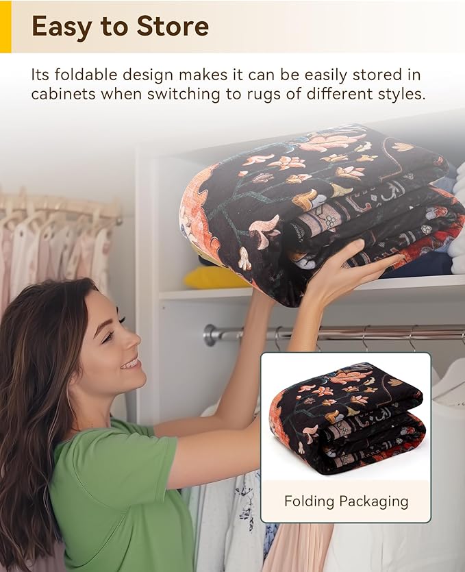 Area Rugs 10'x14' Washable Non-Slip, Floral Vintage Distress Print Pattern Medallion Carpet for Living Room Bedroom Dining Room, Black Colorful Floral Dark Tan