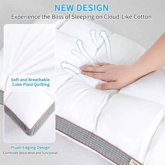 YOUR MOON Soft Pillow King Size of 2 for Sleeping, Super Soft Support Down Alternative Pillow, 100% Cotton Shell Luxury Comfy Fluffy Bed Pillows for Sleep(White)