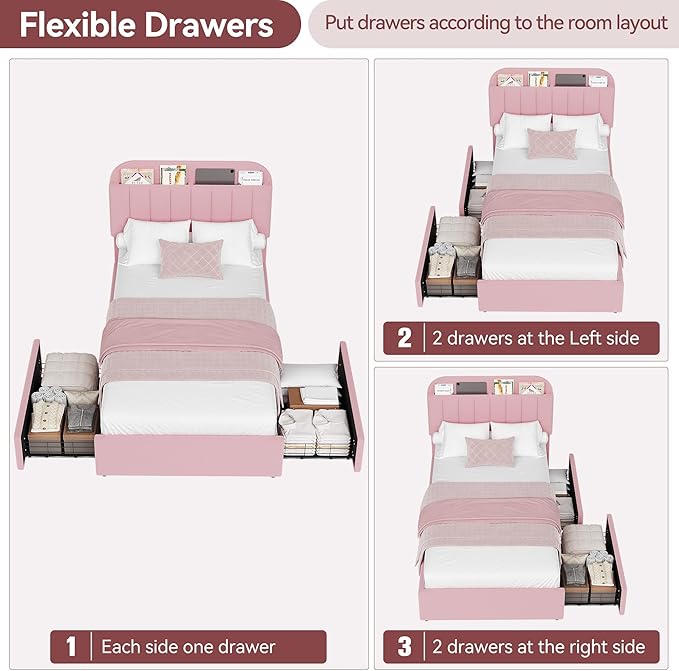 Twin XL Bed Frame with Storage Headboard and 2 Drawers, Boucle Upholstered Platform Bed with Bookcase, Modern Kids Twin XL Bed Frames for Small Rooms, No Box Spring Needed, Easy Assembly, Light Pink