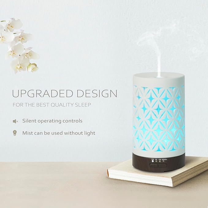 Earnest Living Essential Oil Diffuser for Home White Ceramic 100ml Aromatherapy Diffuser with 4 Timers 7 Night Lights and Auto Off Function (no Beep!) for Essential Oils Version 2