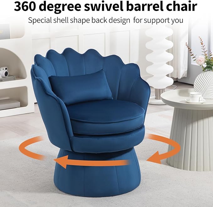 360° Swivel Accent Chair, Mid-Century Modern Velvet Barrel Chair, Comfy Shell Shape Arm Chair with Lumbar Pillow for Living Room, Bedroom, Office, Dark Blue