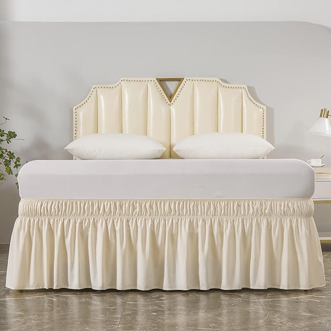 MEILA Wrap Around Bed Skirt Three Fabric Sides Elastic Dust Ruffled 14 Inch Tailored Drop,Easy to Install Fade Resistant-Beige, Twin/Full