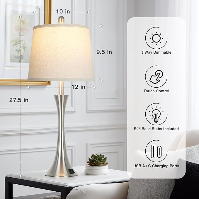 27.5" Silver Table Lamps Set of 2, Touch Bedside Lamps with USB C+A Ports, 3 Way Dimmable Nightstand Lamps for Bedroom, Living Room, Office, Silver Lamp with Beige Lampshade, Bulbs Included