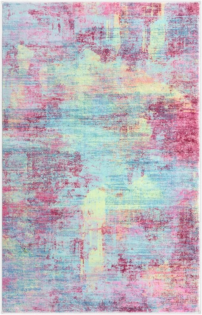 IOHOUZE Abstract Area Rugs 6x9 Ft Washable Rugs for Living Room, Non Slip Dining Room Rug, Printed Faux Wool Rugs for Bedroom, Floor Carpet for Office Nursery Playroom, Pink Teal