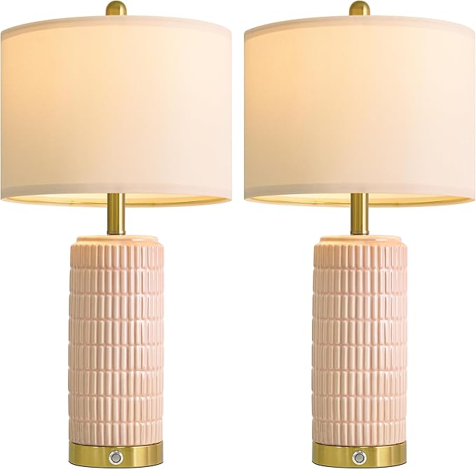 PoKat 25'' Table Lamps Set of 2 for Bedroom with 3-Way Dimmable Touch Control, Bedside Lamps with USB A+C Ports for Living Room, Modern Ceramic Pink Lamps for Kids Girls Decor (2 Bulbs Included)