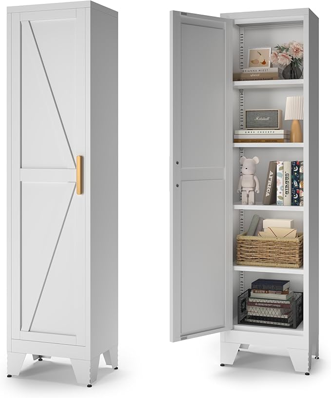 COFaR Tall Bathroom Storage Cabinet, Metal Farmhouse Narrow Slim Cabinet with Adjustable Shelves Barn Door for Bathrooms, Kitchens, Entrances Living Room (White)