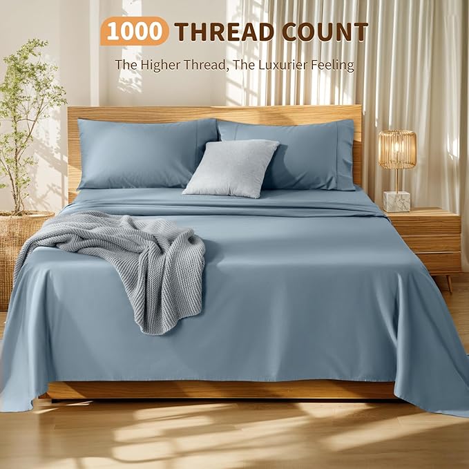 LBRO2M 100% Cotton Sheets Set Deep Pocket 19", 1000 Thread Count Queen Size 4 Piece Bed Sheet Sets Soft Comfortable Bedding All Season (Queen, French Blue)